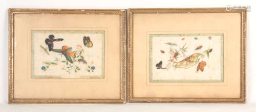 A PAIR OF 19TH CENTURY CHINESE EMBROIDERED SILK PANELS depicting butterflies and insects amongst