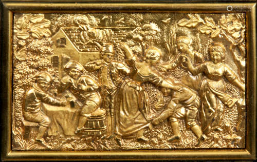 A 19TH CENTURY CAST GILT BRONZE PANEL of figures merrymaking in a garden setting - in a glazed