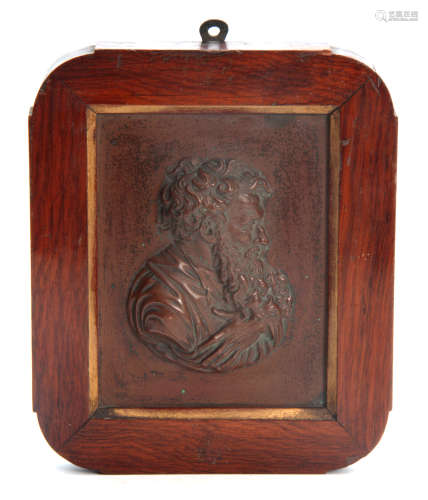 A 19TH CENTURY FRAMED HEAVY CAST COPPER BUST PORTRAIT PLAQUE depicting a bearded gentleman 16cm high