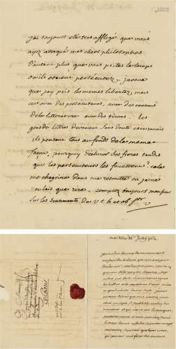 伏尔泰（Voltaire，1694～1788） 致门徒有关支持百科全书派学者及号召文学界团结的重要亲笔信 信笺 一张三页（其中一页为地址页）