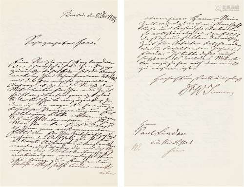 西门子（Ernst Siemens，1816～1892） 晚年致作家罕见亲笔信 信笺 一张二页（附证书）
