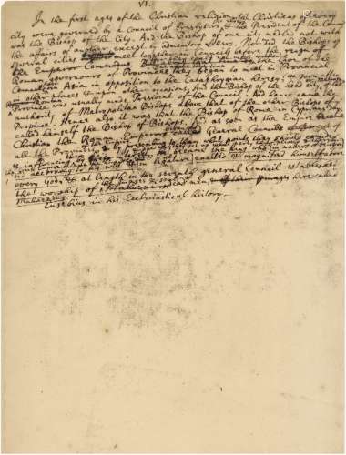 艾萨克·牛顿（Isaac Newton，1643～1727） 剖析早期基督教会领导结构的珍贵手稿 文稿 一页（附证书及法国文化部出口证明）