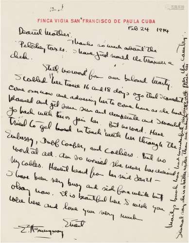 海明威（Ernest Miller Hemingway，1899～1961） 二战期间致岳母有关战地报道的家书 信笺 一张一页