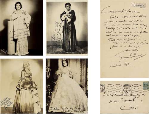 普契尼（Giacomo Puccini，1858～1924） 圣诞节致作曲家友人有关代求耶里扎剧照的信札 信笺一张一页、银盐纸基照片四帧（带信封二枚）