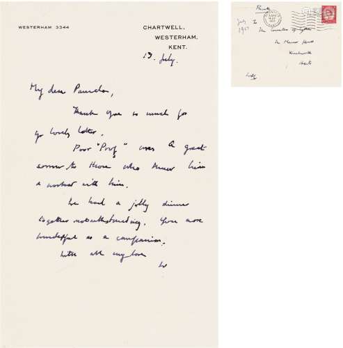 丘吉尔（Winston Churchill，1874～1965） 致初恋情人提及私人科学顾问过世的亲笔信 信笺 一张一页（带实寄封，附证书）