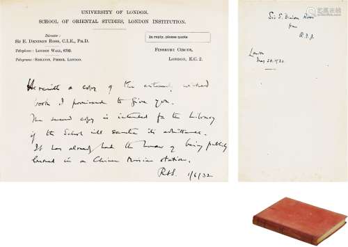 庄士敦（Reginald Fleming Johnston，1874～1938） 签赠东方学家罗斯《致一位传教士的信》初版及相关信札 洋书一册、信笺一张一页