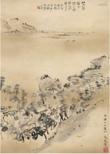 易大厂（1874～1941）题，苏干英（1910～1996）画 晚江图 设色纸本 立轴