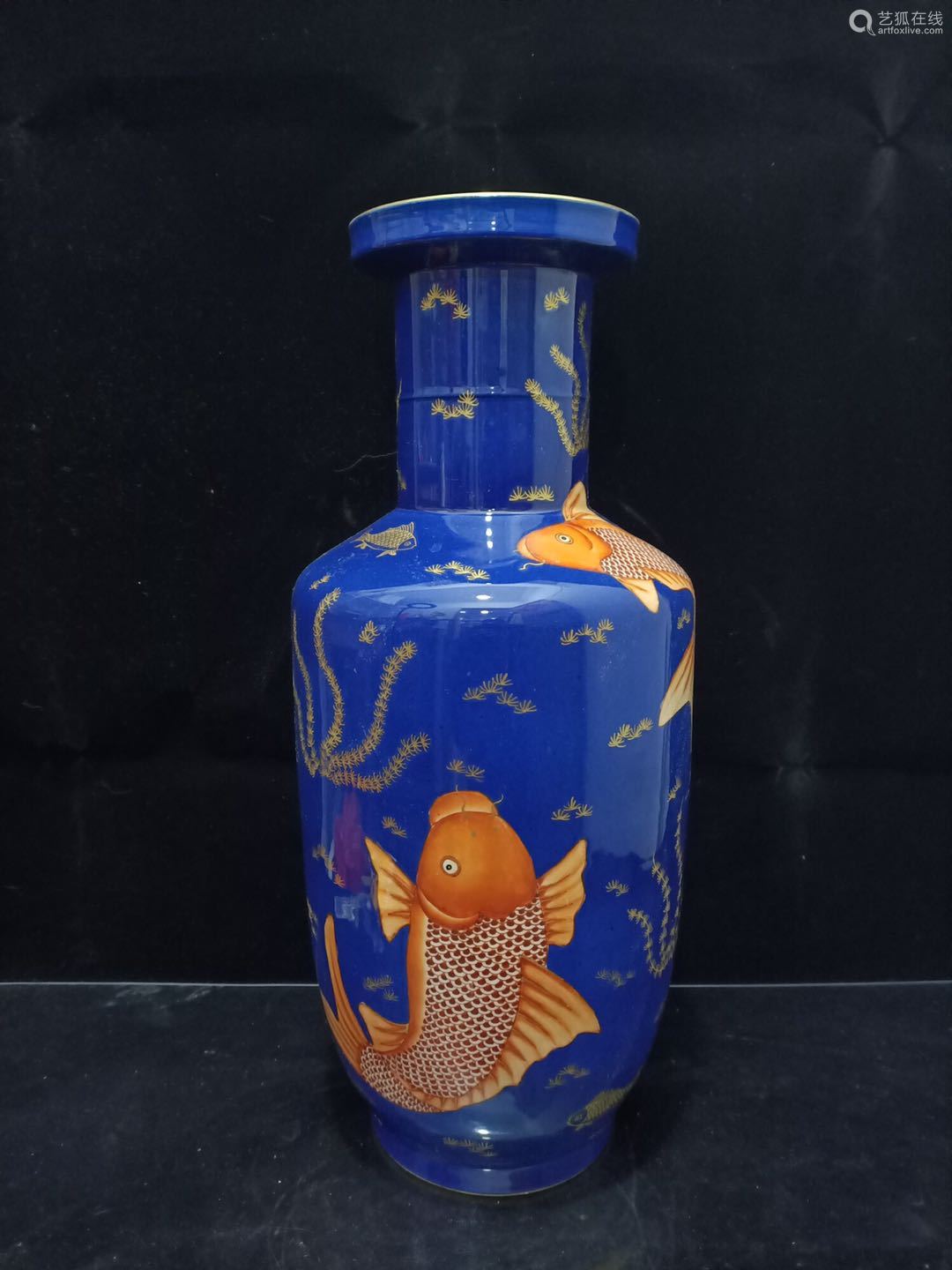 清早期年间霁蓝釉矾红描金鱼藻纹棒缒瓶 Deal Price Picture 清早期年间霁蓝釉矾红描金鱼藻纹棒缒瓶 Deal Price Picture