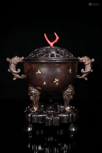 A Bronze Censer With Rosewood Base