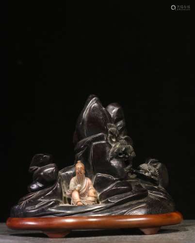 A Rosewood Figure-Story Ornament Embed Shoushan Stone