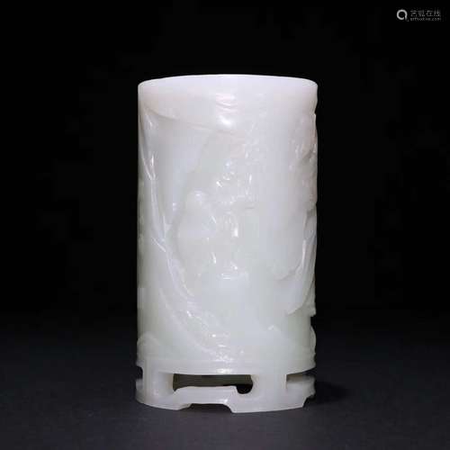 A Hetian Jade Figure-Story Brush Pot