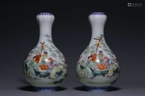 Pair Of Porcelain Enameled Figure-Story Garlic Vases