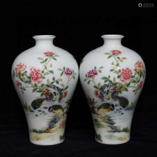 Pair Of Porcelain Enameled Floral&Bird Meiping Vases