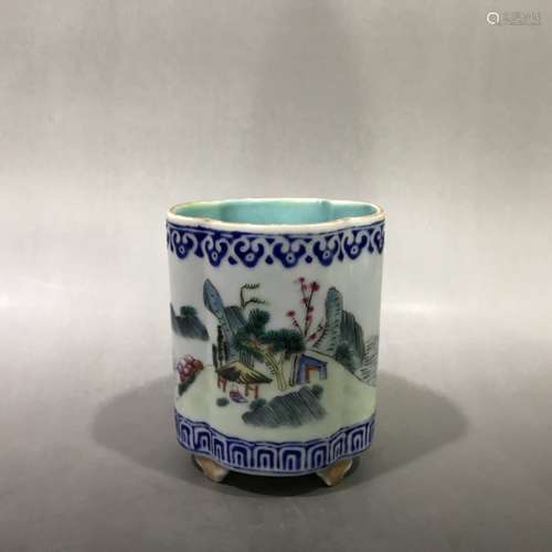 A Porcelain Famille Rose Landscape Brush Pot