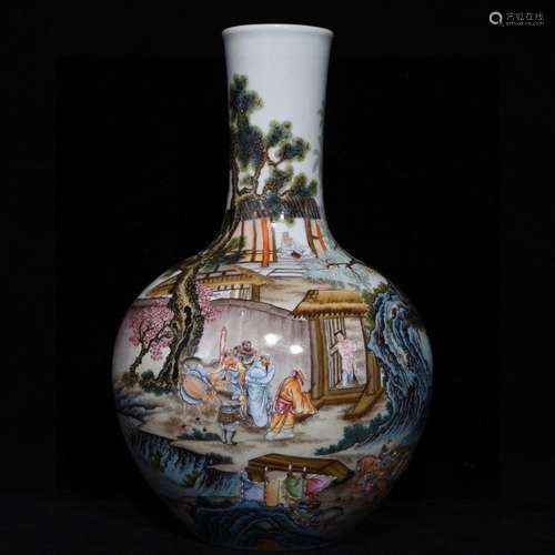 A Porcelain Famille Rose Figure-Story Bottle Vase