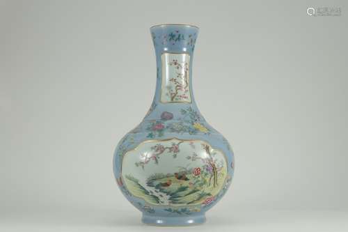 A Porcelain Blue Glazed Famille Rose Vase