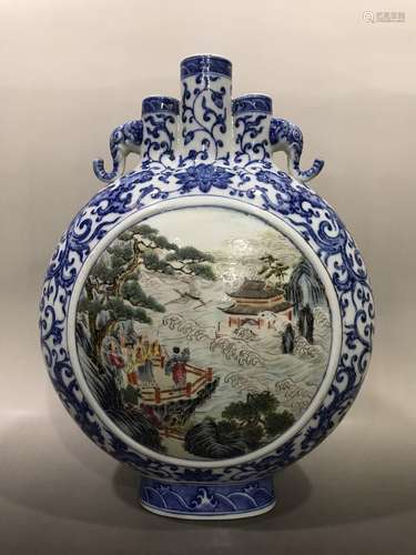 A Porcelain Blue&White Famille Rose Landscape Moon Flask Vase