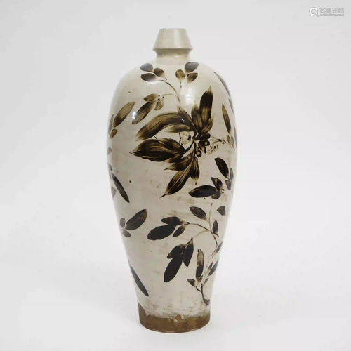 A Cizhou-Kiln White Glaze Plum Vase with Black Flowers,