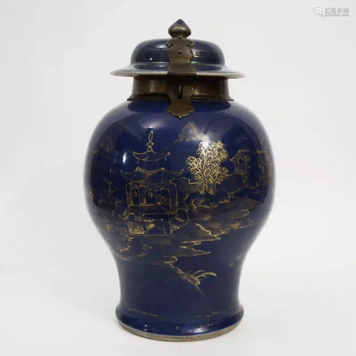 A Blue-glazed and Gold-painted Temple Jar, Kangxi