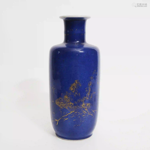 A Blue and Gold Mallet Vase, Kangxi Period, Qing