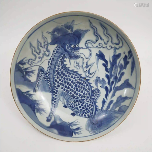 A Blue-and-white Plate with Plantain and Kirin Design,