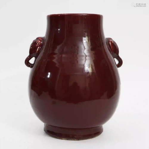 A Red-glazed Vase with Elephant Handles, Late Qing