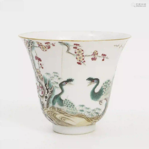 A Pastel Peacock Bell-shaped Cup, Late Qing Dynasty