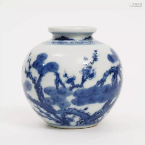 A Blue and White Jar with Three Friends of Winter
