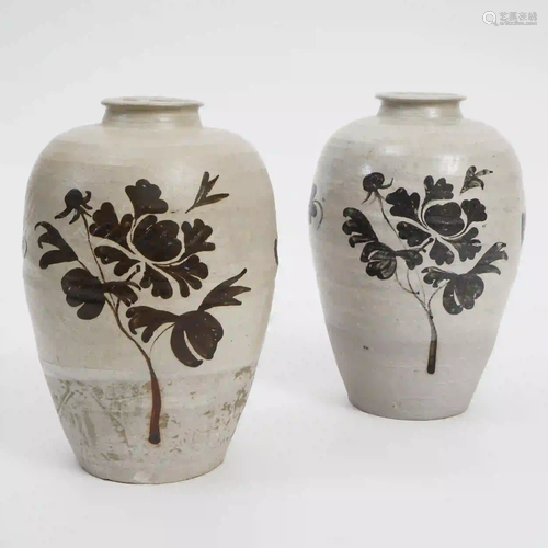 A Pair of White Plum Vases with Black Flowers and