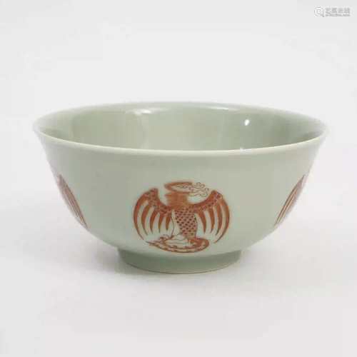 A Bean Celadon Glazed Alum Red Phoenix Pattern Bowl,