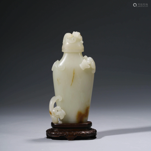 A CHINESE WHITE JADE CHI DRAGON VASE & STAND