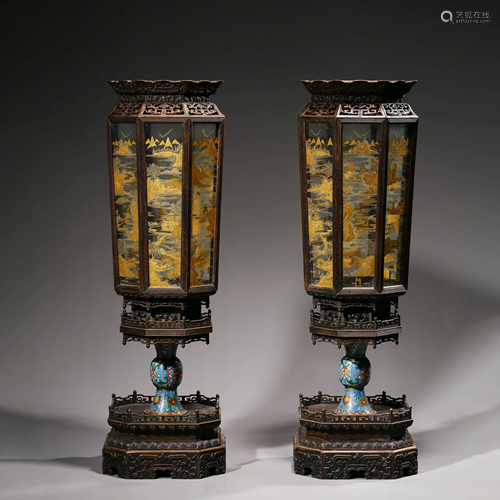 A PAIR OF CHINESE HONGMU & CLOISONNE ENAMEL L…