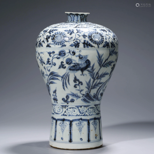 A CHINESE BLUE & WHITE FLOWER & BIRD MEIPING PORCELAIN