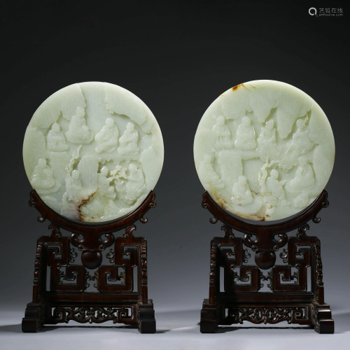 A PAIR OF CHINESE WHITE JADE TABLE SCREEN & STAND