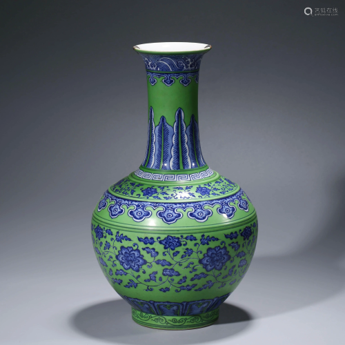 A CHINESE GREEN-GROUND BLUE & WHITE PEONY PORCELAIN