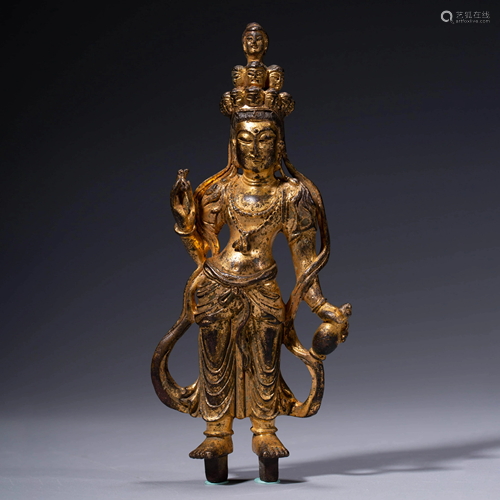 A CHINESE GILT-BRONZE AVALOKITESHVARA STATUE