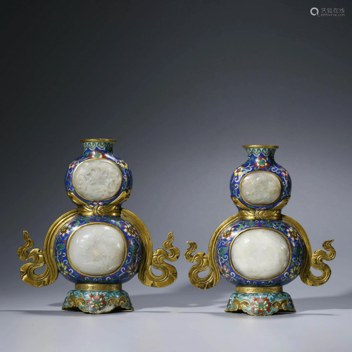 A PAIR OF CHINESE CLOISONNE ENAMEL JADE INLAID …