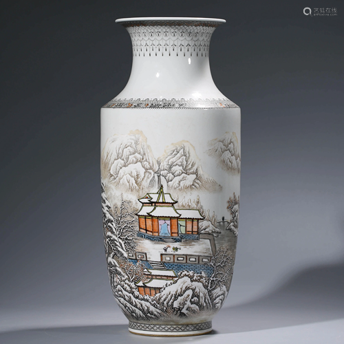 A FAMILLE ROSE CHINESE LANDSCAPE PORCELAIN ROULEAU V…