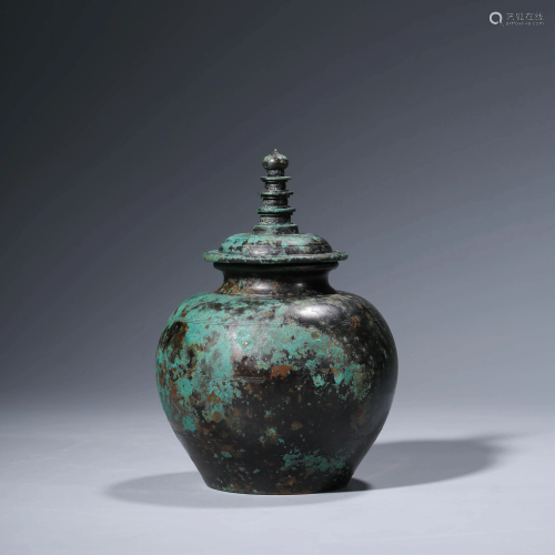 A CHINESE BRONZE JAR & COVER