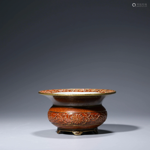 A CHINESE CORAL-RED-GLAZED GILT PORCELAIN WASHER,