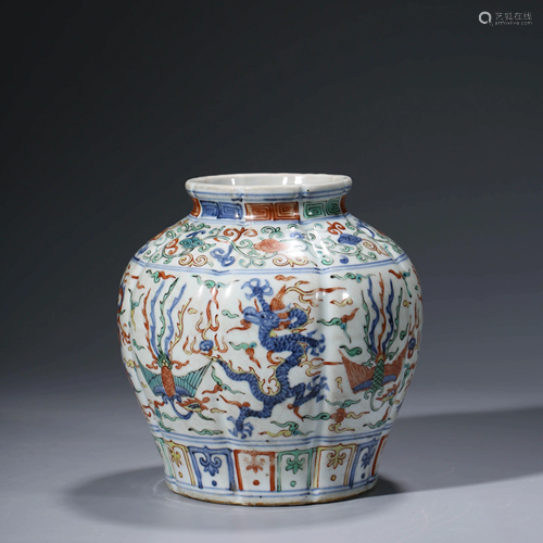 A CHINESE WUCAI LOBED PORCELAIN JAR WITH JIAJING MARK