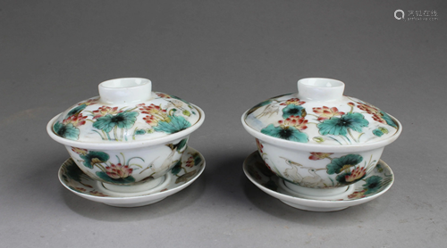 A Pair of Porcelain Cups with Lid and Saucer