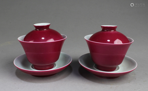 A Pair of Porcelain Cups with Lid and Saucer