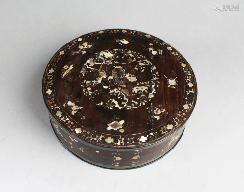 Antique Hardwood Round Box with Mother-of Pearl Inlay