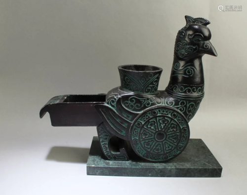 Chinese Bronze Rooster Chariot-shaped with Hardstone P