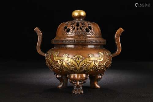 A Gilt Bronze Censer With Beast Carving
