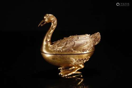 A Gilt Bronze Duck Shaped Box With Lid