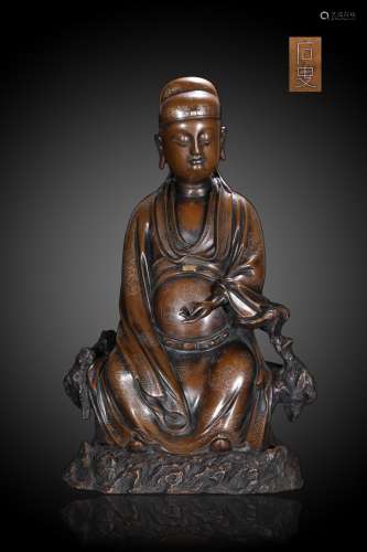 A Bronze Figure Sitting Statue Embed Silver