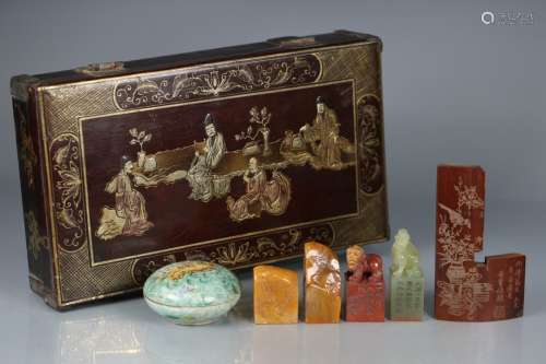 Set Of Shoushan Stone Seals With Bamboo Ruler & Cloisonne Box