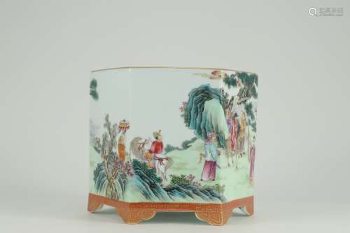A Porcelain Famille Rose Figure-Story Brush Pot
